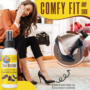 A woman sits on a chair in a stylish setting, holding her phone to her ear, while she glances down at her feet in a pair of black high heels. In the foreground, the EZR Shoe Stretch Spray bottle stands prominently, showcasing its yellow and white label, with additional graphics illustrating how to use the spray inside shoes for a comfortable fit.