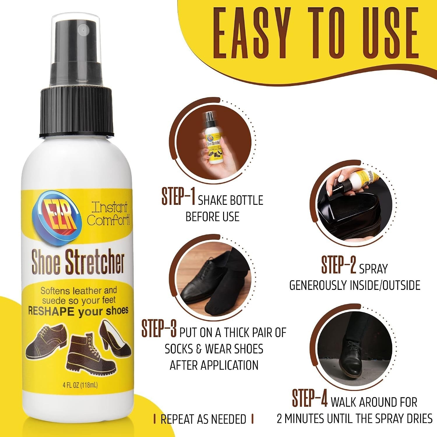 Spray bottle of EZR Shoe Stretcher with a white body and yellow label, featuring instructions for use: shake, spray, wear with socks, and walk until dry. Accompanied by illustrations of shoes and a person using the spray.