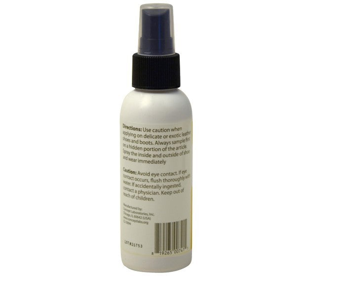 The bottle of EZR Shoe Stretch Spray features a white container with a black spray cap, displaying usage directions and cautionary instructions on the back. The bottle is designed for easy application of the shoe softener and has a rounded base for stable standing.