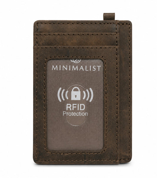 Front view of a slim, brown minimalist wallet featuring a transparent ID window and "RFID Protection" label, emphasizing its sleek design and cardholder functionality.