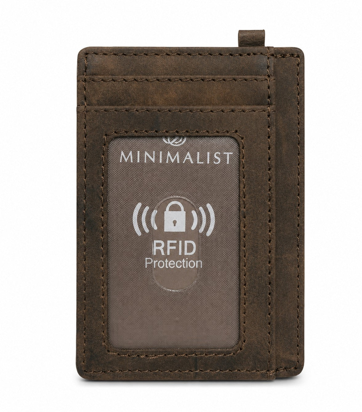 Front view of a slim, brown minimalist wallet featuring a transparent ID window and "RFID Protection" label, emphasizing its sleek design and cardholder functionality.