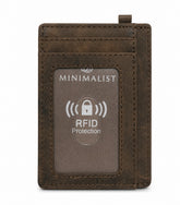 Front view of a slim, brown minimalist wallet featuring a transparent ID window and "RFID Protection" label, emphasizing its sleek design and cardholder functionality.