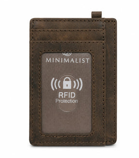 Front view of a slim, brown minimalist wallet featuring a transparent ID window and "RFID Protection" label, emphasizing its sleek design and cardholder functionality.