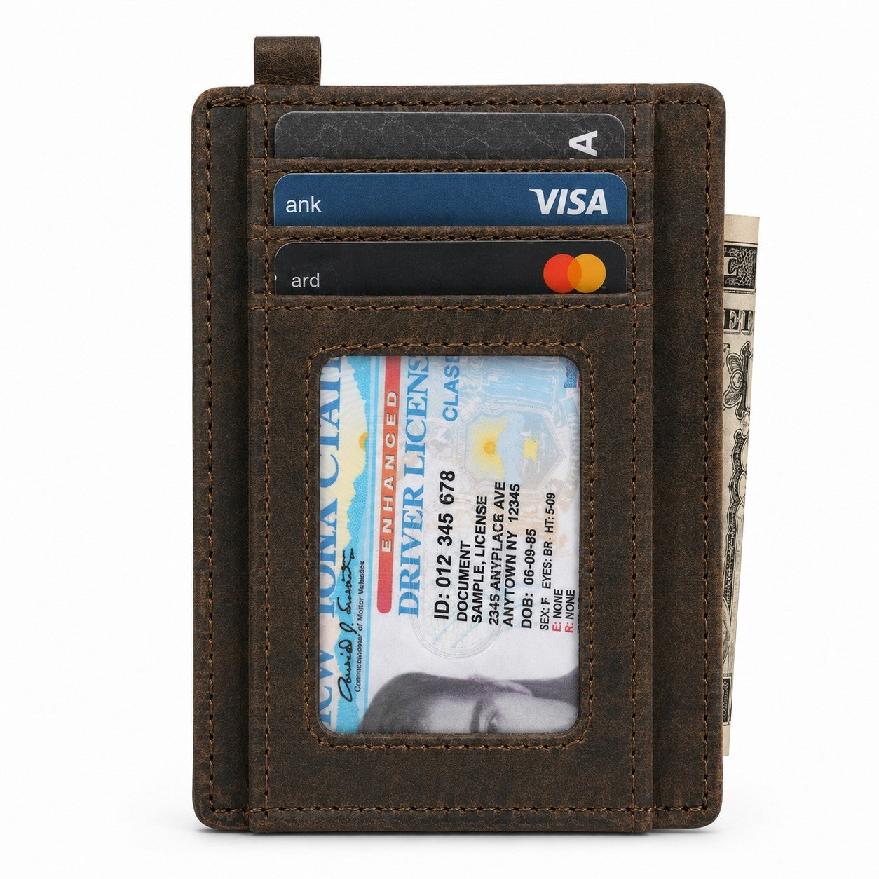 The brown leather wallet features multiple card slots with visible cards, a clear ID window displaying a driver's license, and a folded bill peeking from the side.