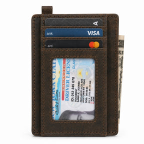 The brown leather wallet features multiple card slots with visible cards, a clear ID window displaying a driver's license, and a folded bill peeking from the side.