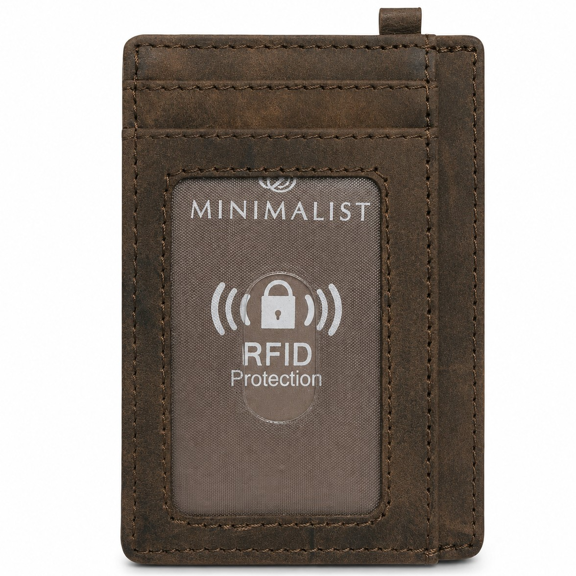 The wallet features a dark brown leather exterior with a prominent RFID protection label displayed through a transparent window. The minimalist design includes a stitched border and a slot for easy access.
