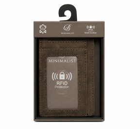 The brown RFID front pocket wallet is displayed in its packaging, featuring a clear section labeled “RFID Protection” along with the brand name "MINIMALIST" prominently shown. The wallet is designed for a slim and minimalist profile.