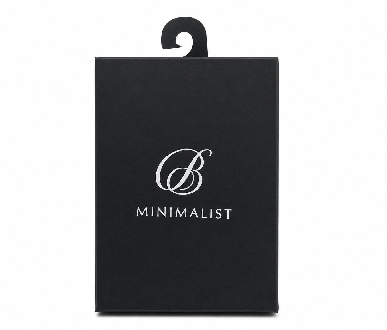 Black packaging with a prominent silver logo featuring a stylized "B" and the word "MINIMALIST" below it, designed with a hanging tab at the top.