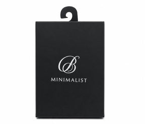 Black packaging with a prominent silver logo featuring a stylized "B" and the word "MINIMALIST" below it, designed with a hanging tab at the top.