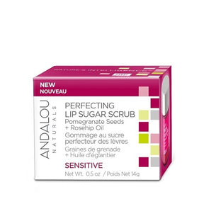 The packaging showcases a rectangular box in shades of pink with white and green accents. It features the product name, "Perfecting Lip Sugar Scrub," along with details about its ingredients, including pomegranate seeds and rosehip oil, and highlights its suitability for sensitive skin.