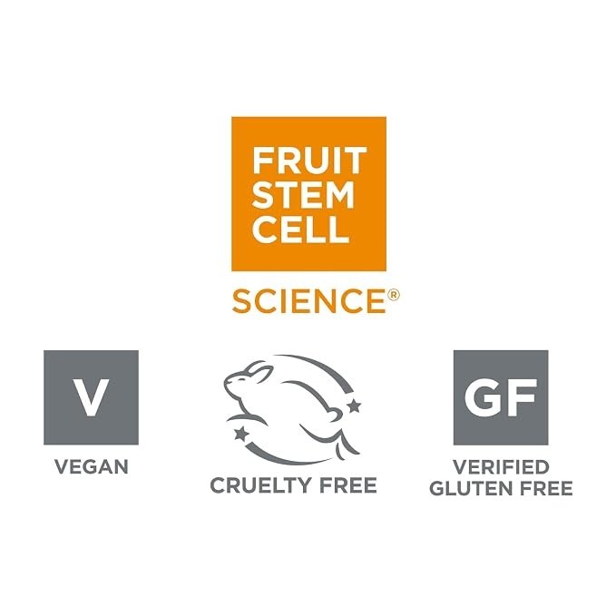 Graphic displaying the "FRUIT STEM CELL SCIENCE®" logo in orange at the top, with vegan, cruelty-free, and gluten-free symbols arranged below, indicating the product's certification.