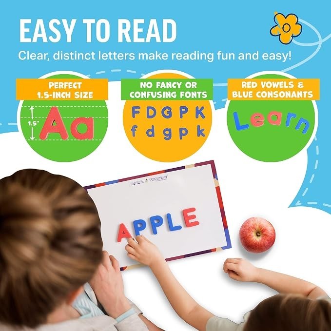 Bright and clear magnetic letters displayed on a writing board, showcasing the words "APPLE" and "Learn" in red and blue. The letters are positioned with an apple nearby, and a child's hands are actively participating in the activity.