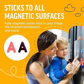 A mother and young child interact with colorful magnetic letters on a refrigerator, showcasing the letters "A" in pink and maroon. The bright background features playful text highlighting the product's versatility for use on various magnetic surfaces.
