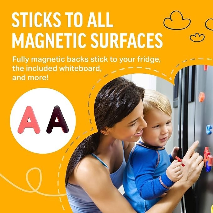 A mother and young child interact with colorful magnetic letters on a refrigerator, showcasing the letters "A" in pink and maroon. The bright background features playful text highlighting the product's versatility for use on various magnetic surfaces.