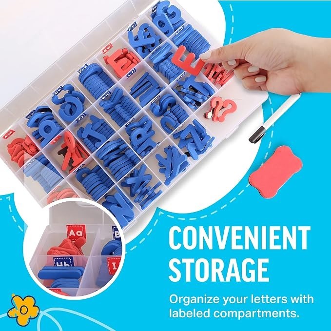 A hand is reaching for a red letter "E" among a clear storage container filled with various blue and red magnetic letters, organized in labeled compartments. The background features a blue design with a "Convenient Storage" text overlay.