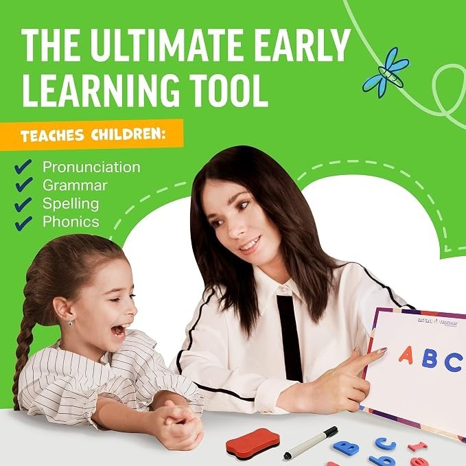 A smiling girl and a woman are engaged in a fun learning activity at a table, with colorful letters spread out in front of them. The background features green graphics and highlighted text emphasizing early learning benefits.