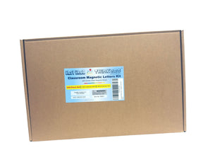 The brown cardboard box is labeled with colorful text indicating "Inspired Thinkers Classroom Magnetic Letters Kit," featuring details about the 240-piece set, including 5 sets of uppercase and lowercase letters, and a warning label.