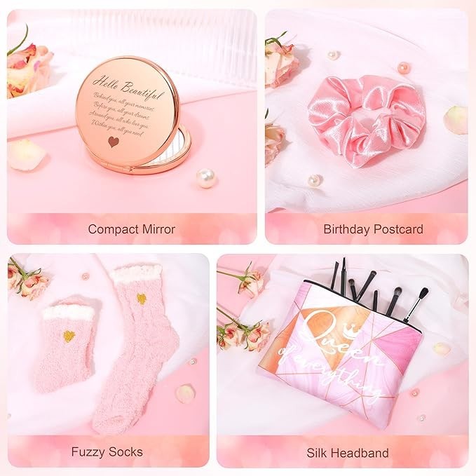The image displays a Birthday Gift Set featuring a compact mirror, birthday postcard, fuzzy socks with a white cuff and heart detail, a pink scrunchie, and a silk headband with "Queen of Everything" design in pink and orange hues. Each item is arranged on a soft pink background, complemented by delicate floral accents.