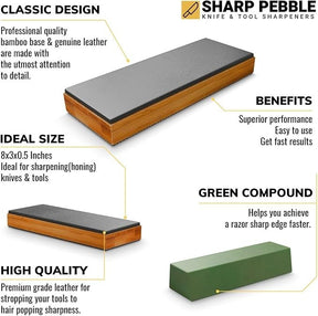 Double-sided leather strop sharpener featuring a professional quality bamboo base, with a top surface for honing tools. Accompanied by a green compound block for enhancing sharpness, highlighted by informative text about its design and benefits.