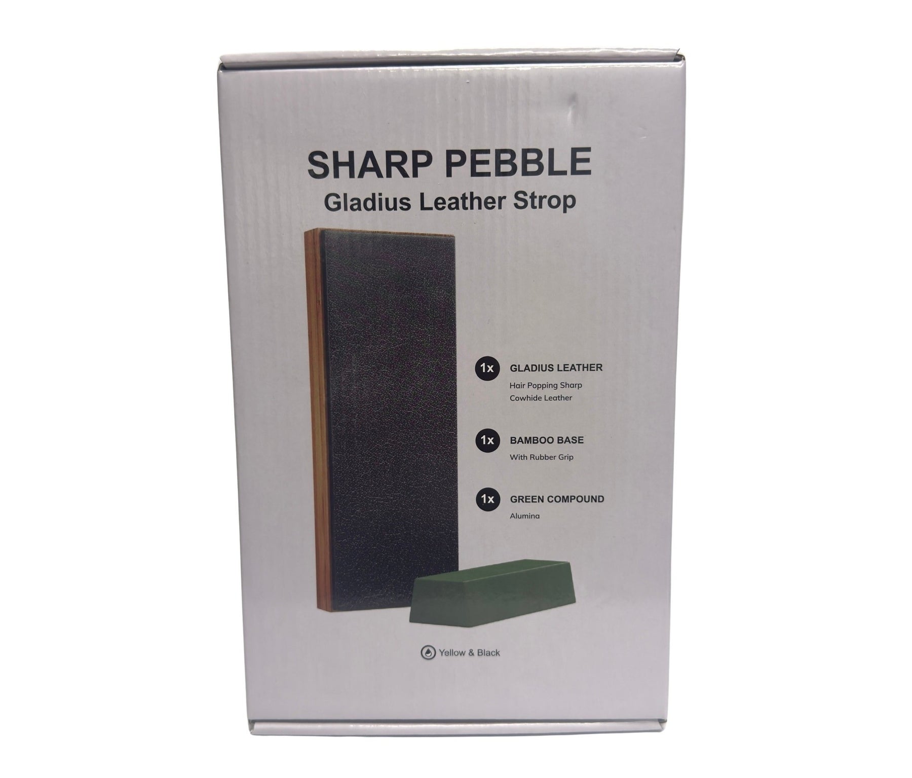 The box features the Sharp Pebble branding prominently at the top, with a black leather strop and a green sharpening compound illustrated. Text highlights include "Gladius Leather Strop" and details about its components: leather, bamboo base, and green compound.