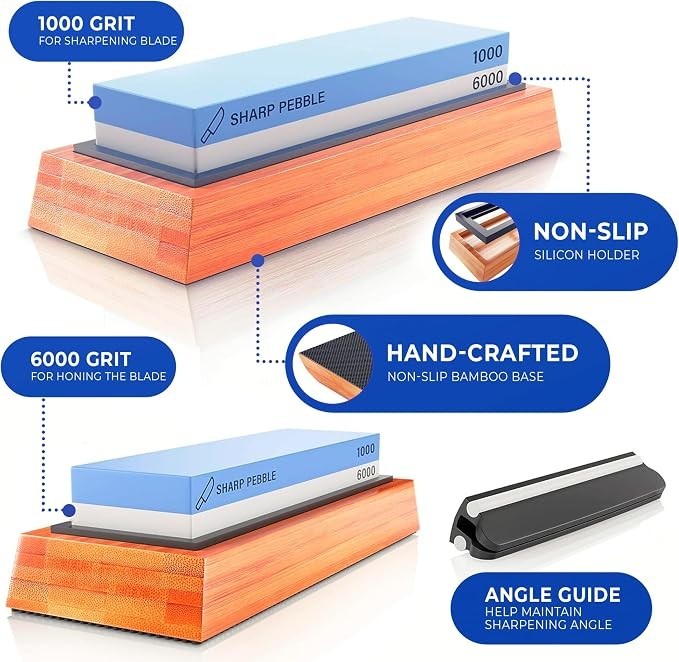 The whetstone features a two-layer block with a blue top section labeled 1000/6000 grit mounted on a hand-crafted bamboo base, which includes a non-slip silicone holder and an angle guide for precise sharpening. Text labels highlight its functionality for sharpening and honing blades.