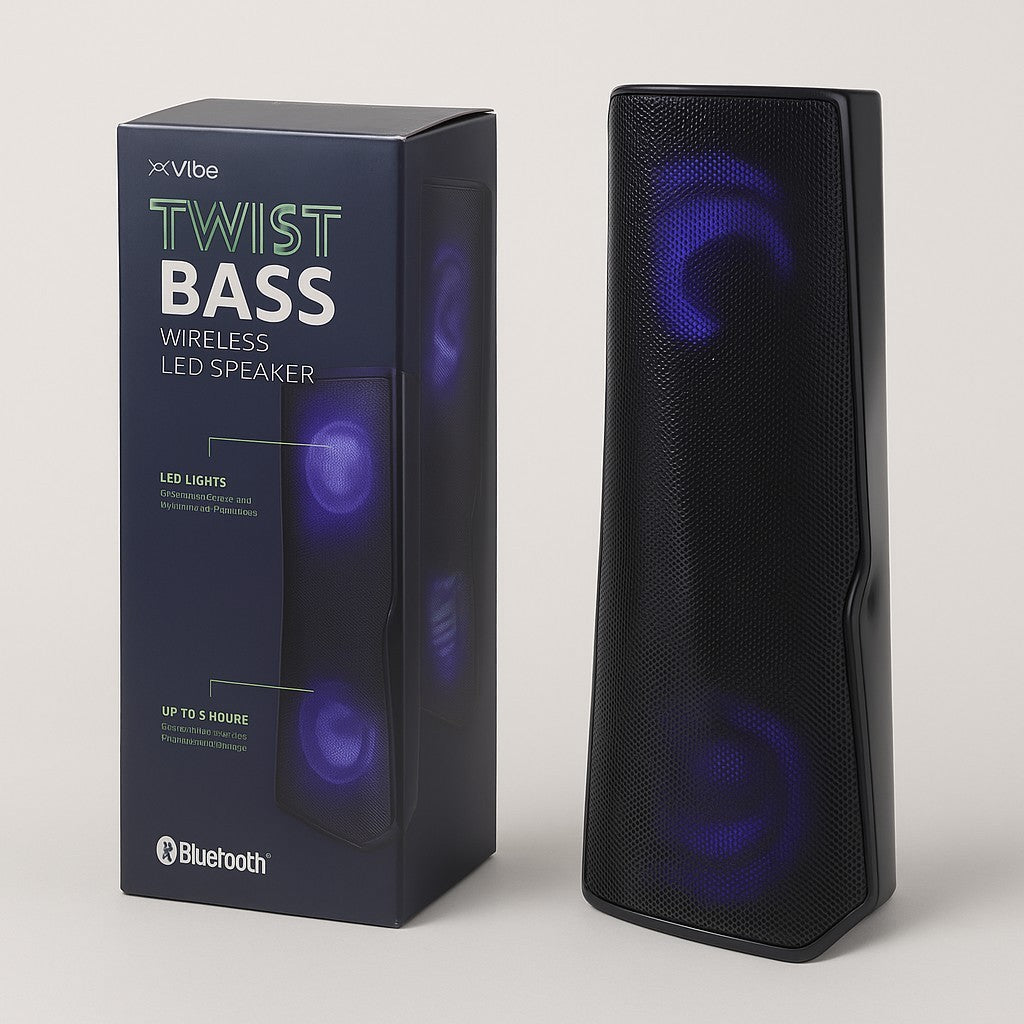 The tall, sleek black Bluetooth speaker features a textured mesh surface and glowing blue LED lights, set against a vibrant background on the packaging that highlights its wireless capabilities.