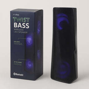 The tall, sleek black Bluetooth speaker features a textured mesh surface and glowing blue LED lights, set against a vibrant background on the packaging that highlights its wireless capabilities.