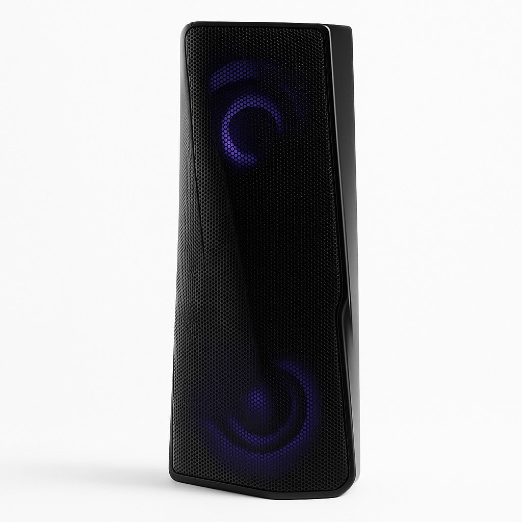 The black wireless Bluetooth speaker features a sleek, modern design with a mesh grille and illuminated blue accents that enhance its audio experience. Its tall, rectangular shape allows it to easily fit into various settings.