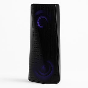 The black wireless Bluetooth speaker features a sleek, modern design with a mesh grille and illuminated blue accents that enhance its audio experience. Its tall, rectangular shape allows it to easily fit into various settings.