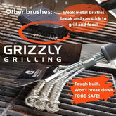 Durable 16-inch grill brush with stainless steel bristles and a scraper, featuring a sturdy handle and a textured grip for optimal cleaning. The expected usage context is highlighted, emphasizing its food-safe design and toughness.