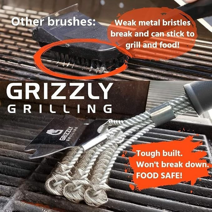 Durable 16-inch grill brush with stainless steel bristles and a scraper, featuring a sturdy handle and a textured grip for optimal cleaning. The expected usage context is highlighted, emphasizing its food-safe design and toughness.