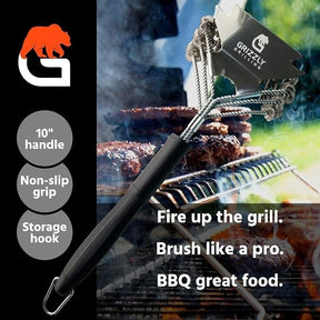 The grill brush features a sturdy 10-inch handle with a non-slip grip, designed with metal bristles and a scraper, set against a background of grilled meat on a barbecue. Text elements describe its functions and storage hook detail.