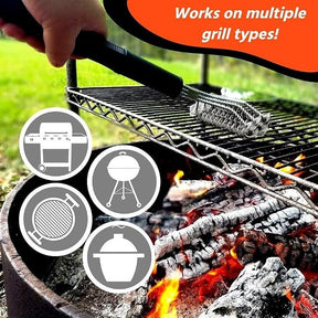 A person is using the Grizzly Grilling brush on a grill, with a vibrant fire visible below and icons indicating compatibility with various grill types. The background features greenery, and a text bubble states "Works on multiple grill types!"