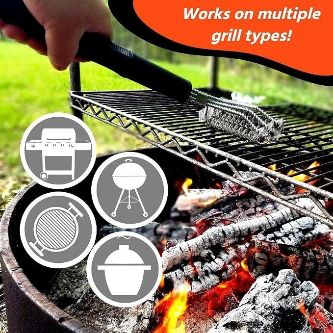 A person is using the Grizzly Grilling brush on a grill, with a vibrant fire visible below and icons indicating compatibility with various grill types. The background features greenery, and a text bubble states "Works on multiple grill types!"