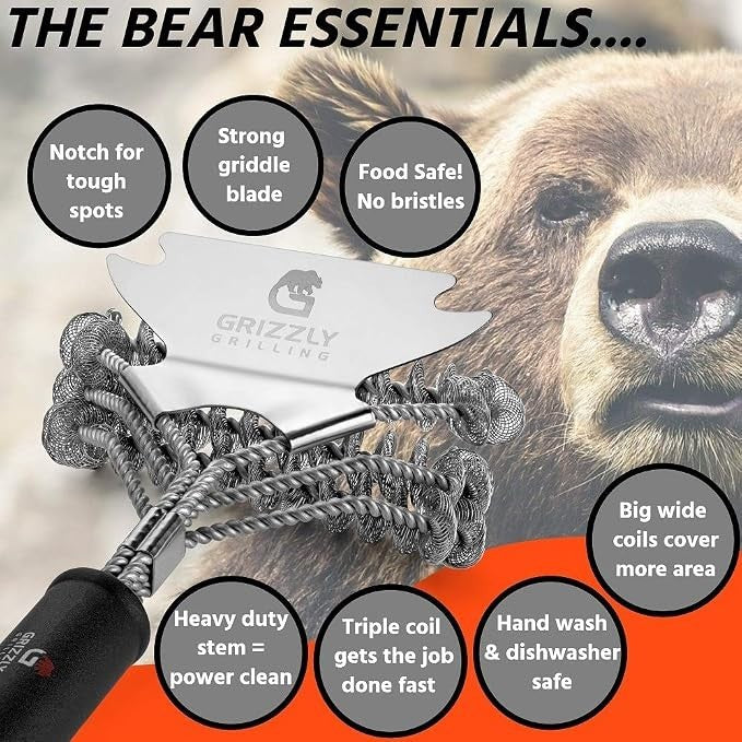 The grill brush features a durable metal scraper with a strong griddle blade, surrounded by thick triple coils for effective cleaning. Additional text highlights sturdy construction, bristle-free safety, and cleaning efficiency, set against a bear-themed background.