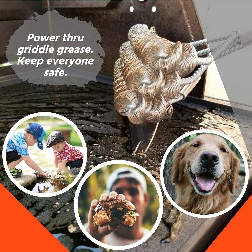 The bristle-free grill brush is shown scrubbing a griddle surface with grease visible, while accompanying circular images depict children playing, a person holding a burger, and a smiling golden retriever.
