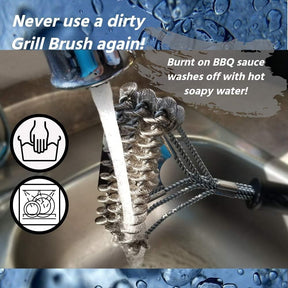 Water flows over the bristle-free grill brush in a sink, demonstrating its easy clean-up with soap and water. Two circular icons depict hand washing and a dishwasher option for maintenance.