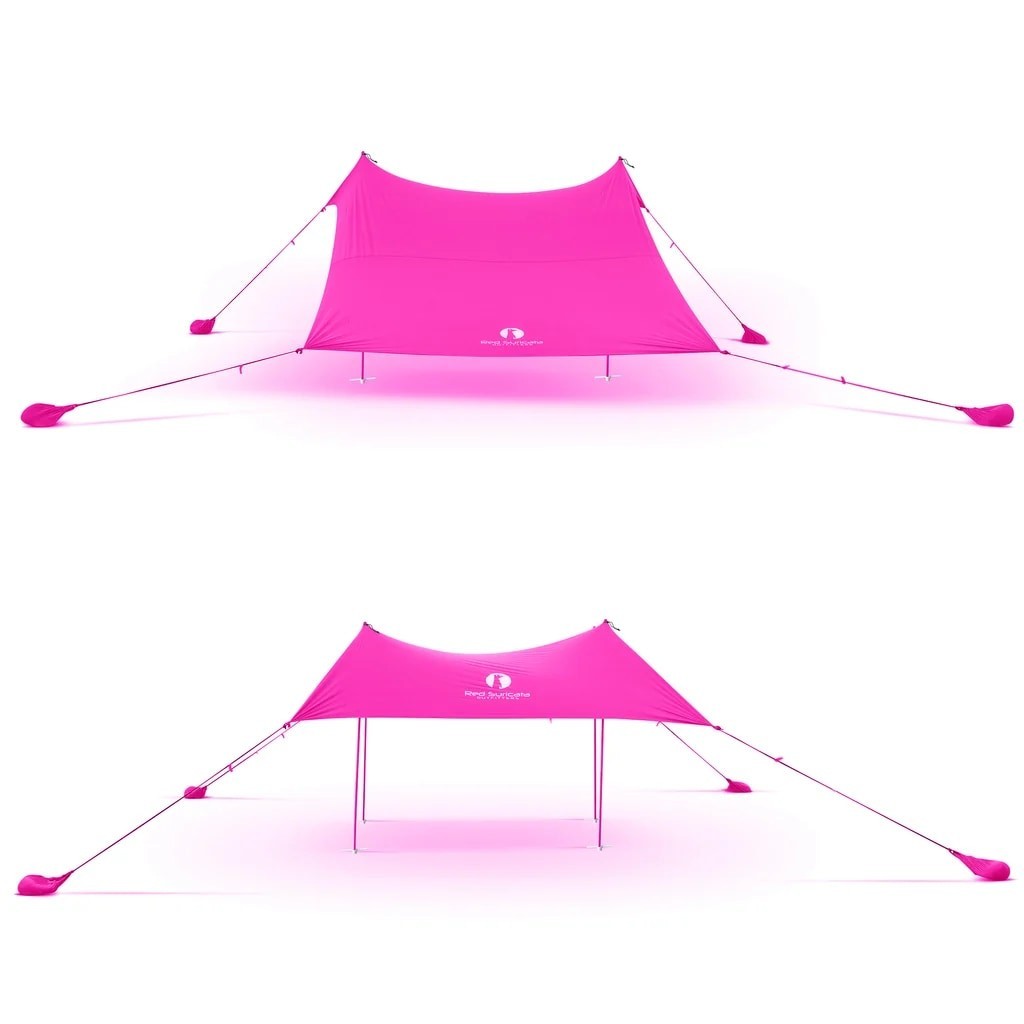 Bright pink beach tent with a spacious rectangular shape, shown from two angles, highlighting its UPF50 sun shade feature and stability with extended support straps and stakes.