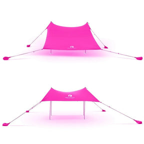 Bright pink beach tent with a spacious rectangular shape, shown from two angles, highlighting its UPF50 sun shade feature and stability with extended support straps and stakes.