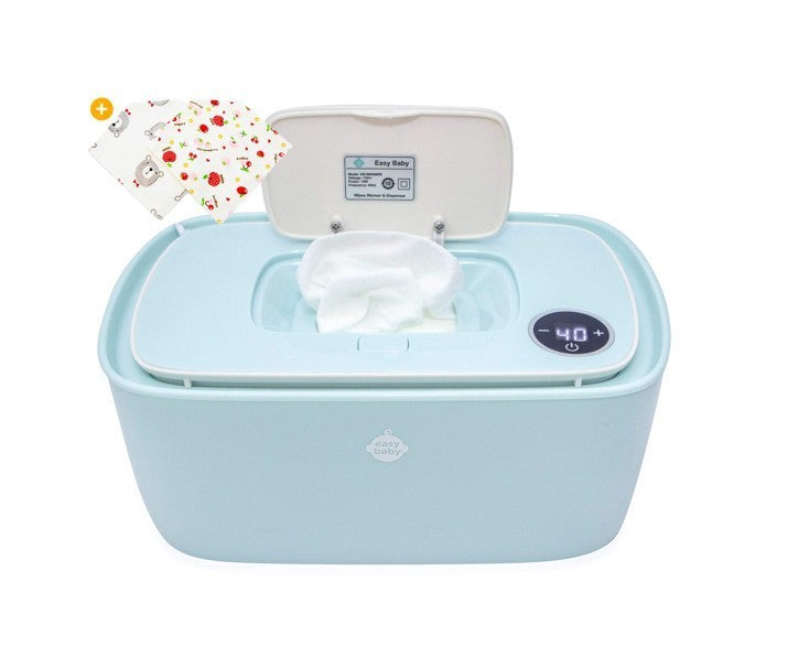The multi-functional wipes heater features a light blue rectangular body with a white lid partially open, revealing a stack of moist wipes and a digital temperature display. Two assorted patterned wipe packets, featuring cute designs, are shown above the main unit.