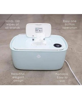 The wipes heater features a light blue, rectangular design with a hinged lid, capable of holding 100 wipes. It has an easy one-button operation and a digital display for adjustments, showcasing a sleek and portable appearance.