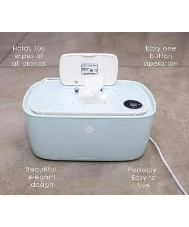 The wipes heater features a light blue, rectangular design with a hinged lid, capable of holding 100 wipes. It has an easy one-button operation and a digital display for adjustments, showcasing a sleek and portable appearance.