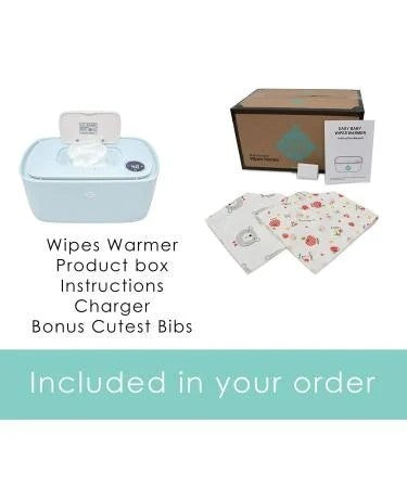 Wipes warmer in light blue with a white lid, alongside its packaging, charger, and two patterned baby bibs featuring floral designs and cute animal motifs. Included items are displayed with text indicating what is part of the order.