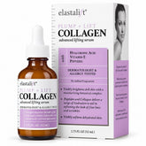 Brown glass bottle with a dropper cap containing Elastalift Collagen Serum, featuring a label in white and purple detailing the benefits of the serum. The product box displays additional information alongside an image of a woman’s face.