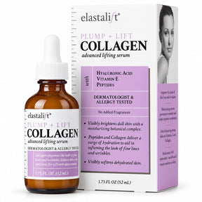 Brown glass bottle with a dropper cap containing Elastalift Collagen Serum, featuring a label in white and purple detailing the benefits of the serum. The product box displays additional information alongside an image of a woman’s face.