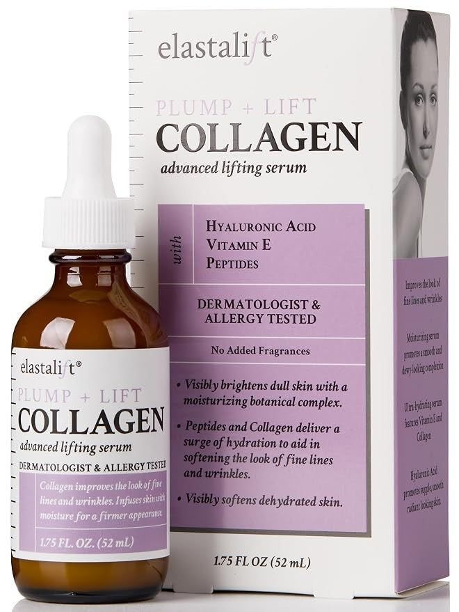 Brown glass bottle with a white dropper cap, labeled "elastalift PLUMP + LIFT COLLAGEN advanced lifting serum," next to a white box that features ingredient highlights like Hyaluronic Acid and Vitamin E.