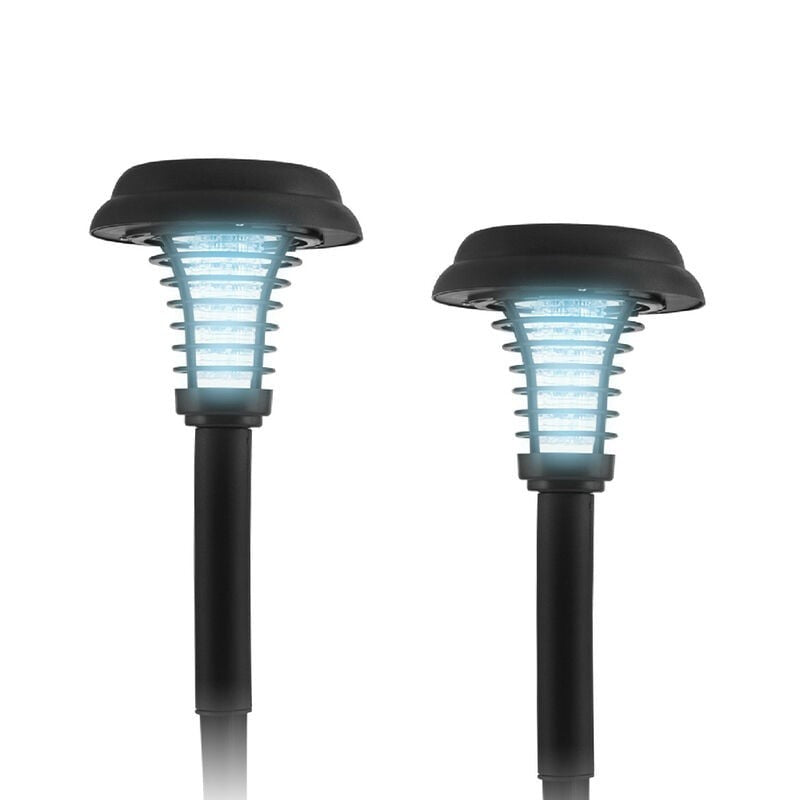 Two solar-powered bug zapper stakes in a sleek black design, featuring a curved light head with blue LED lights and a vertical slotted pattern for trapping insects. The stakes are shown at an angle, highlighting their height and distinct shape.