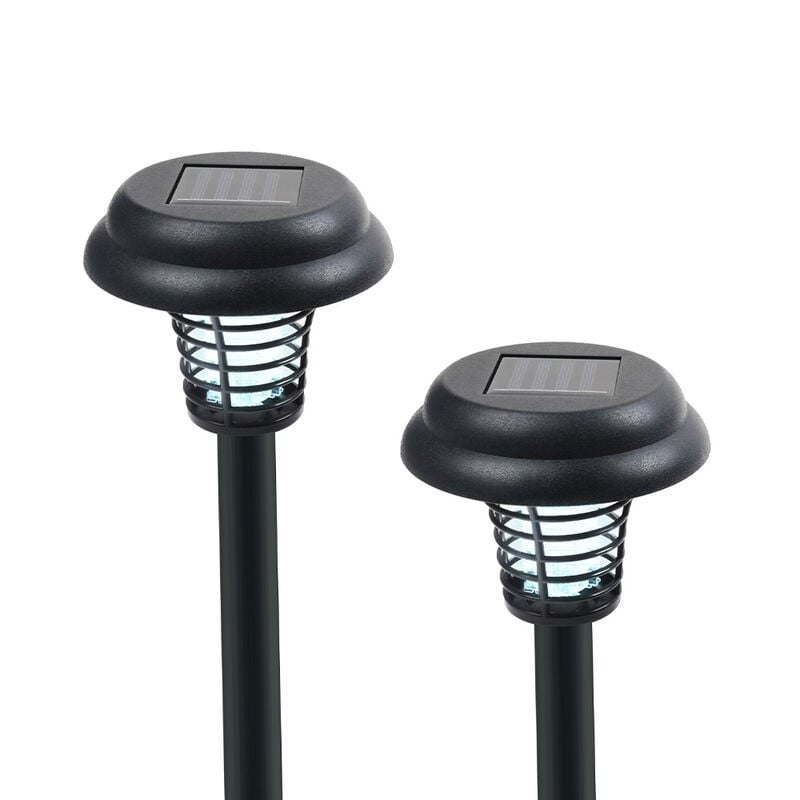 Two solar-powered bug zapper stakes with black housings, featuring a slatted design around the light source, are shown side by side. Each stake has a square solar panel on top, positioned above the light-emitting area.