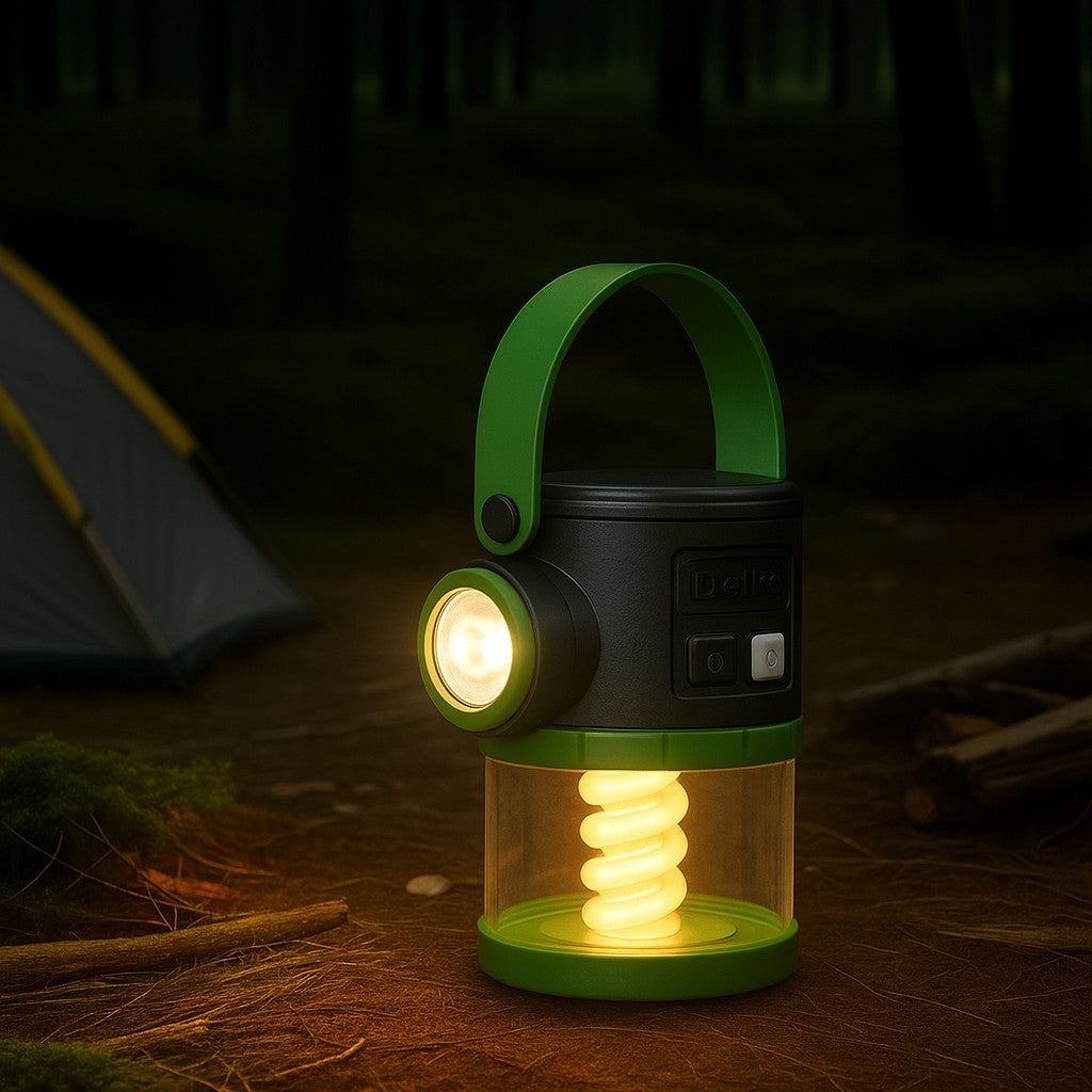 The lantern features a black body with a green handle and base, showcasing a spiral light element inside, along with a side spotlight. Its design is suitable for camping environments, set against a dark forest background.