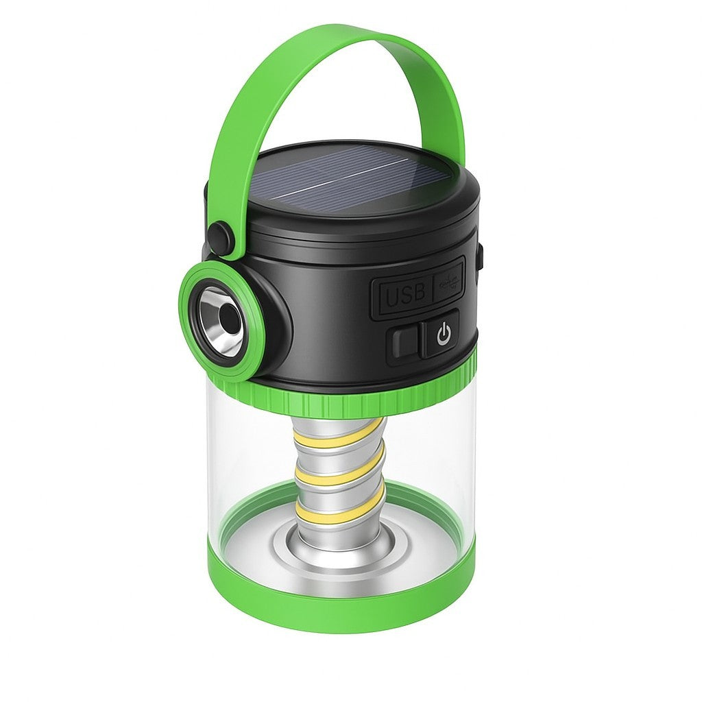 The lantern features a black top with a solar panel, a bright green handle, and a transparent base showcasing a coiled light element inside. The USB charging port and power button are located on the side of the black casing.